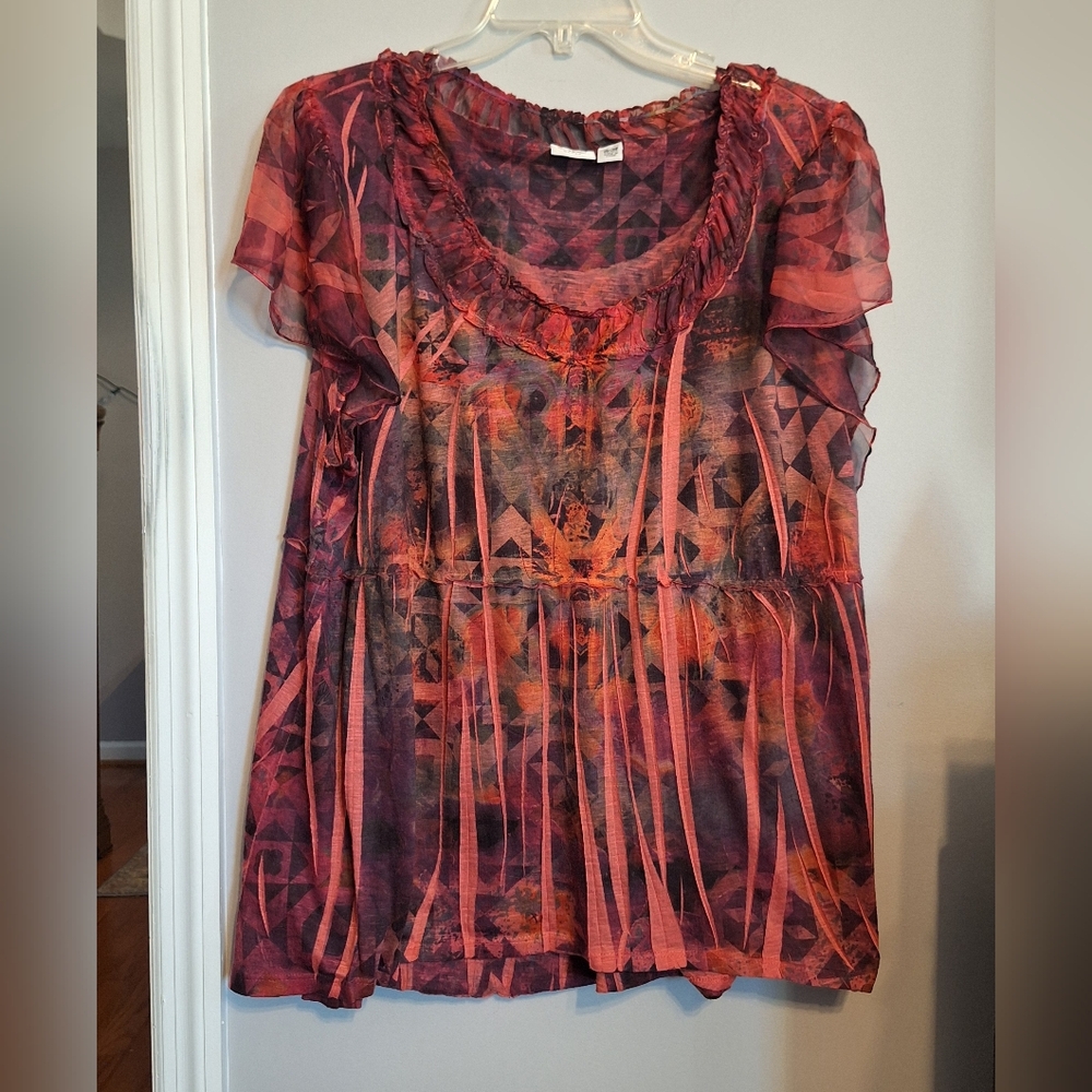 Cato Vibrant Red and Orange Patterned Boho Short Sleeve Top